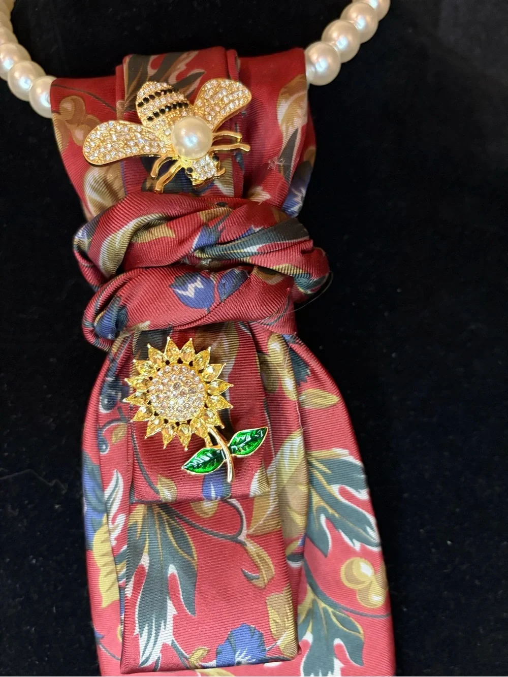 Christian Dior Red Floral Silk Tie with Gold Bee and Sunflower Brooches